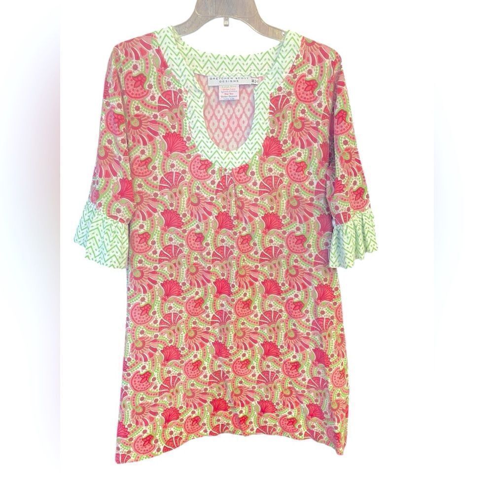 Gretchen Scott Sz M Pink Green Print Lightweight Scoop Neck Ruffle Sleeve Dress